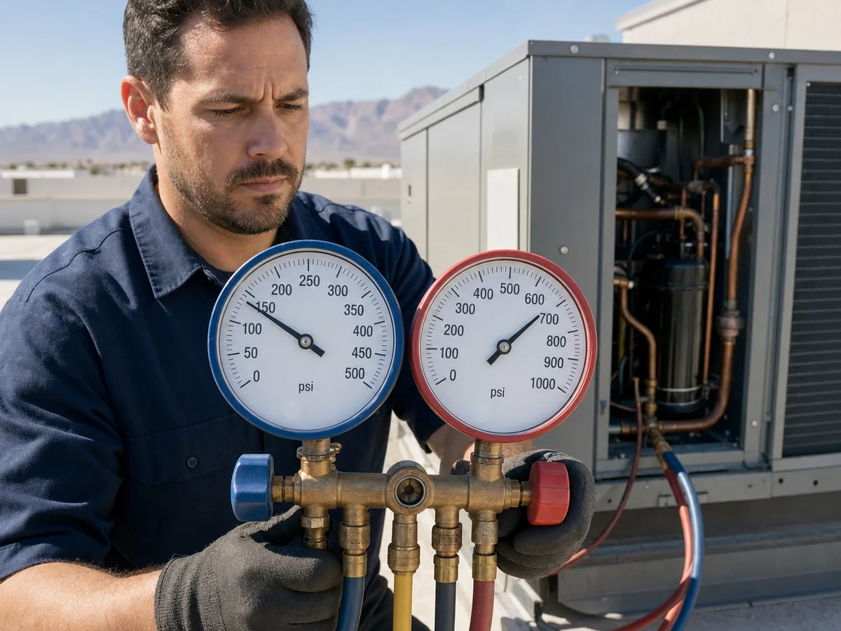 Technician reading gauges at a commercial rooftop HVAC unit