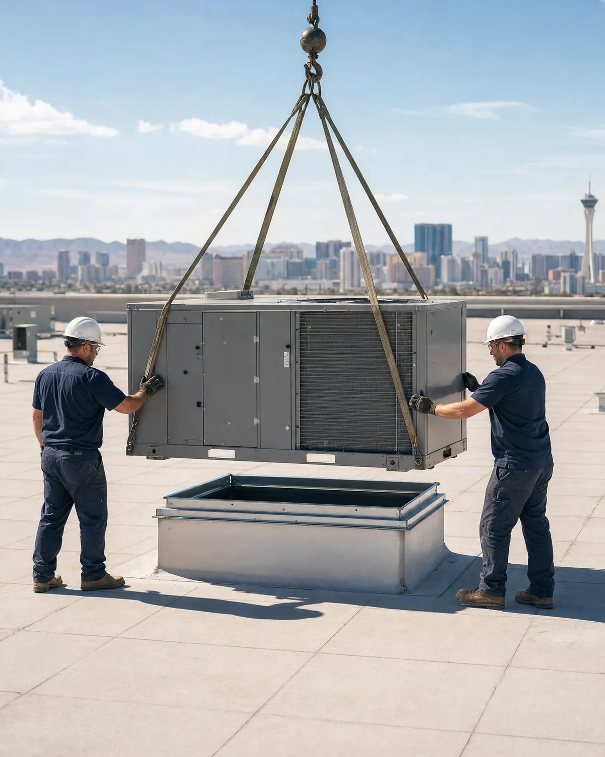 Two technicians positioning a new rooftop HVAC unit on a commercial building