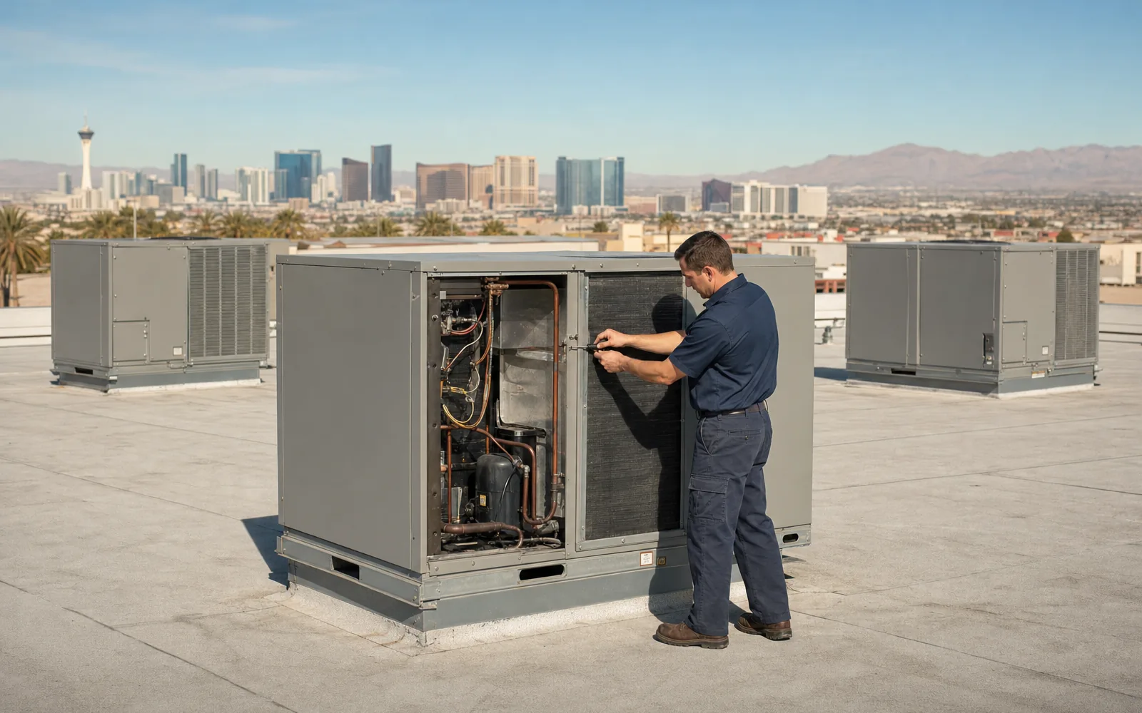 Technician inspecting commercial rooftop HVAC equipment in Las Vegas