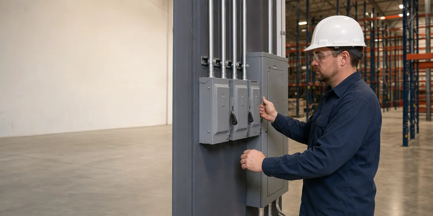 Electrician inspecting closed industrial electrical equipment in a Las Vegas warehouse