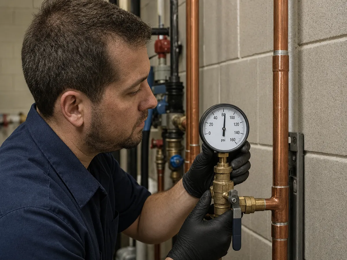 Plumber reading a pressure gauge on a commercial water line