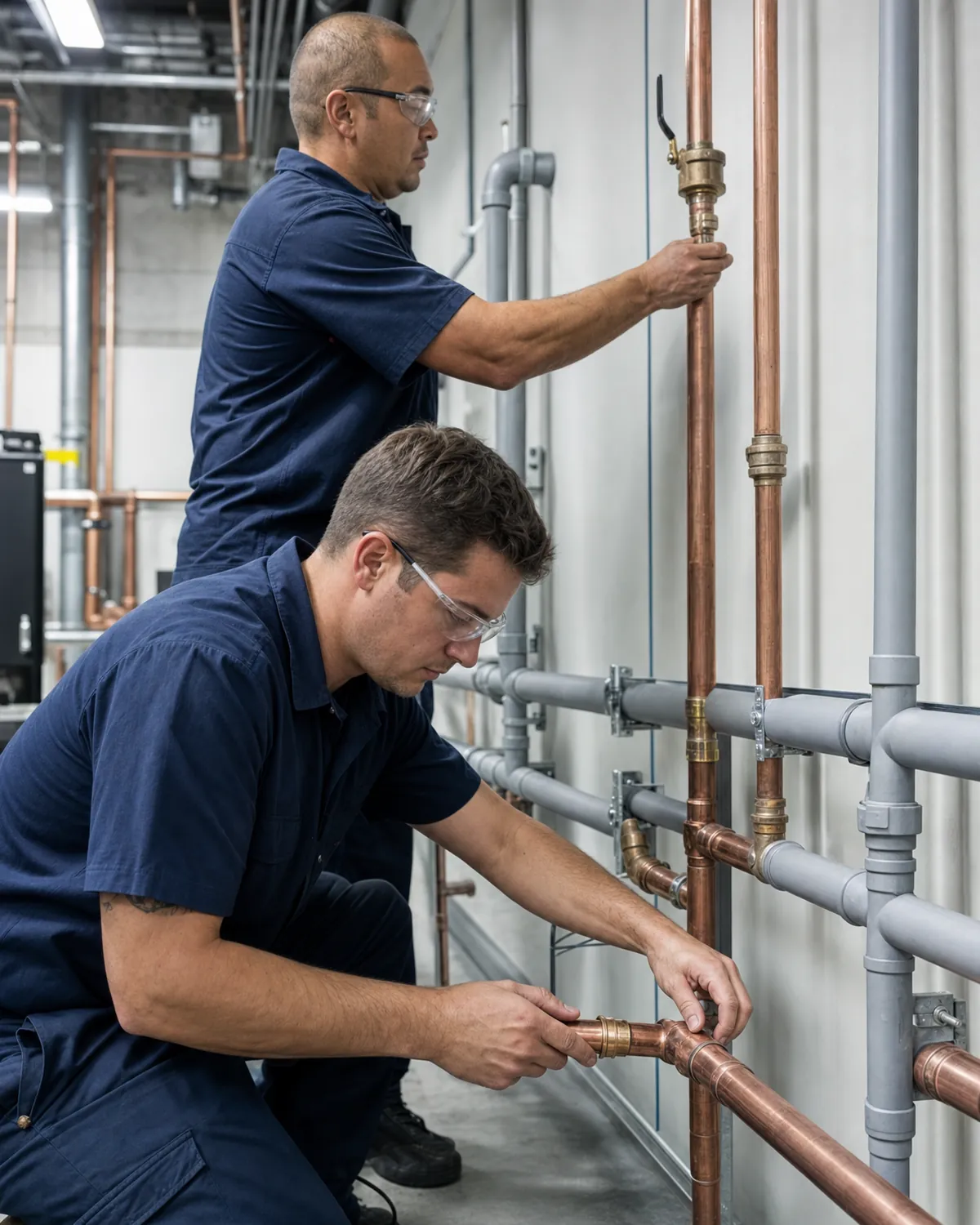 Plumbers fitting new piping in a commercial tenant space
