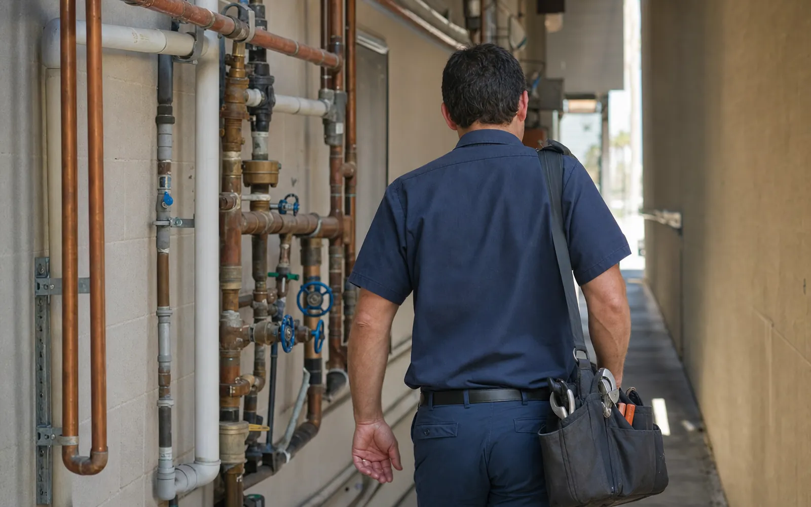 Plumber walking past exposed pipes at a Las Vegas business property