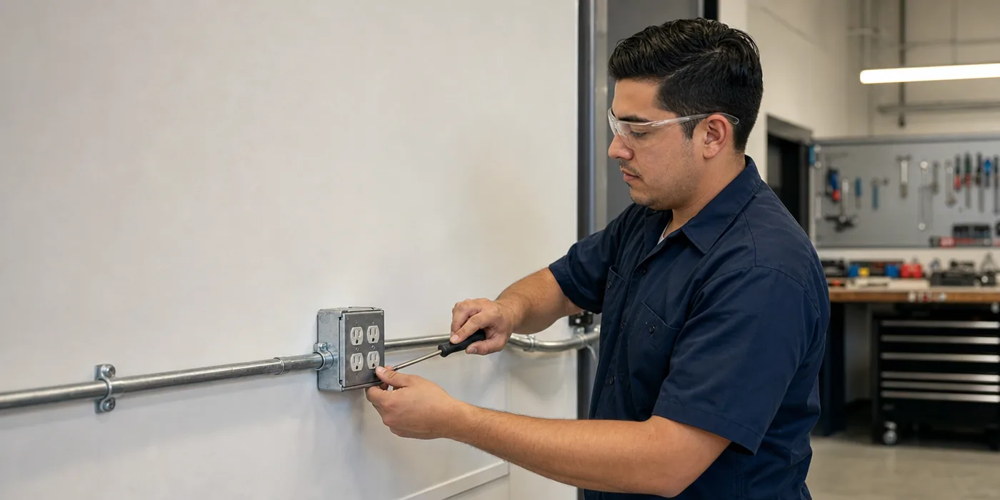 Electrician installing metal conduit and an outlet box in a commercial workshop