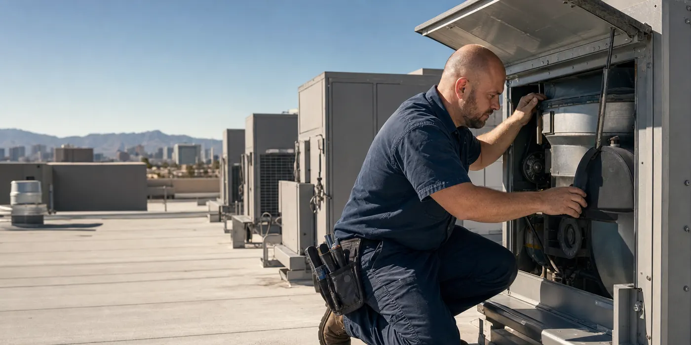 Technician repairing a commercial rooftop HVAC unit in Las Vegas