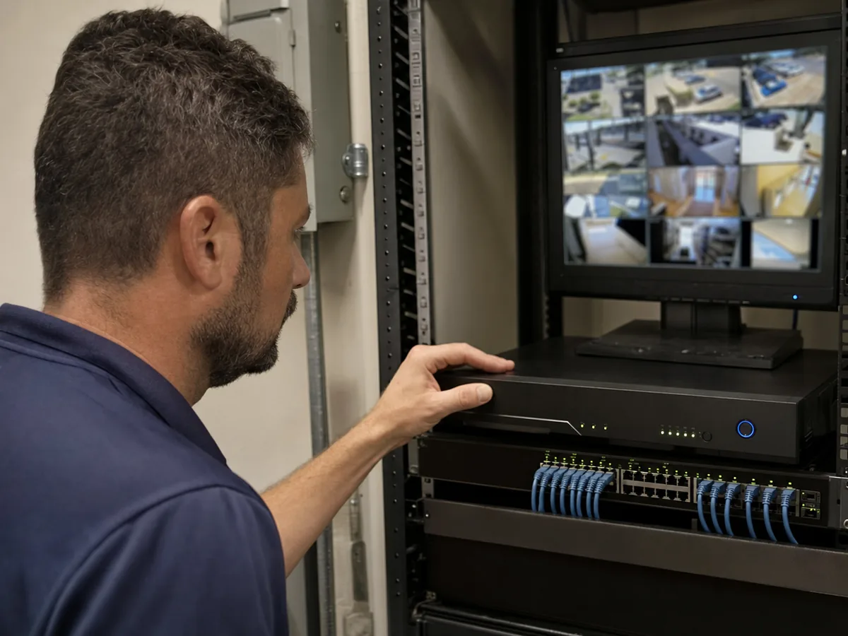 Technician checking camera recording equipment in a commercial IT closet