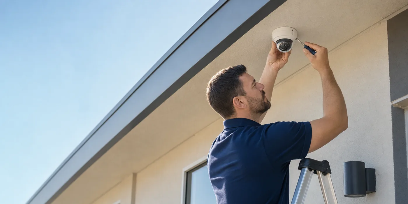 Technician mounting a dome security camera on a commercial building in Las Vegas