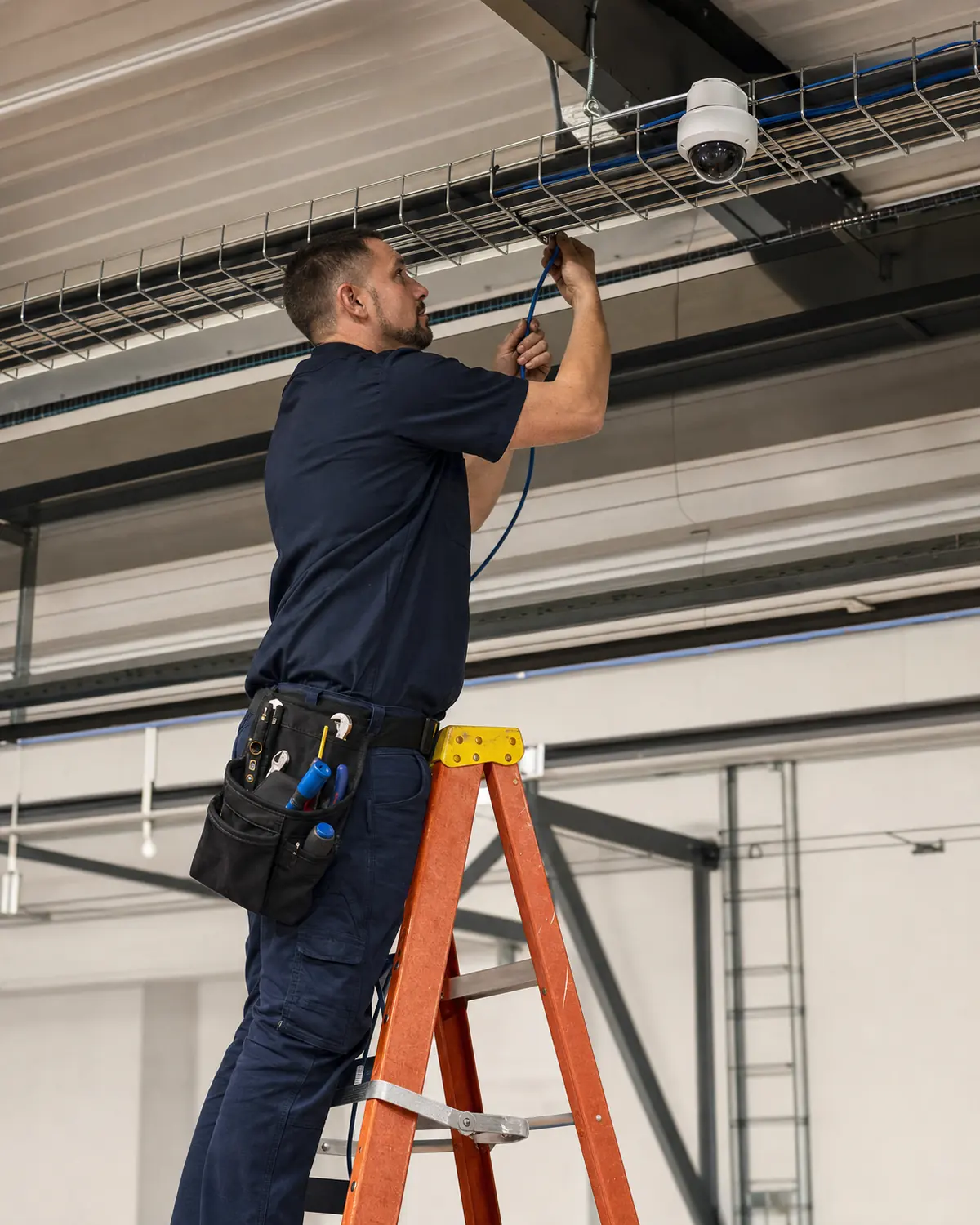 Technician running camera wiring above a commercial warehouse floor