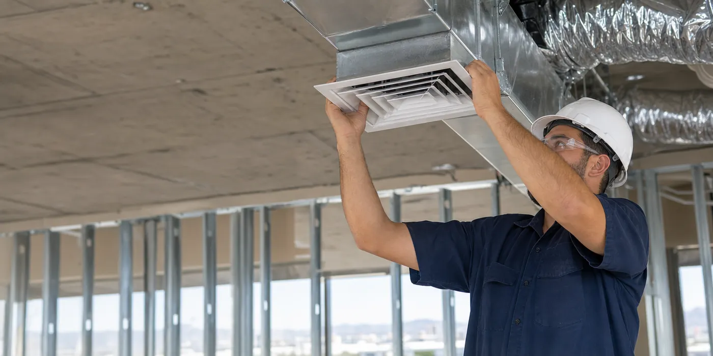 Technician fitting a ceiling diffuser in a commercial tenant build-out