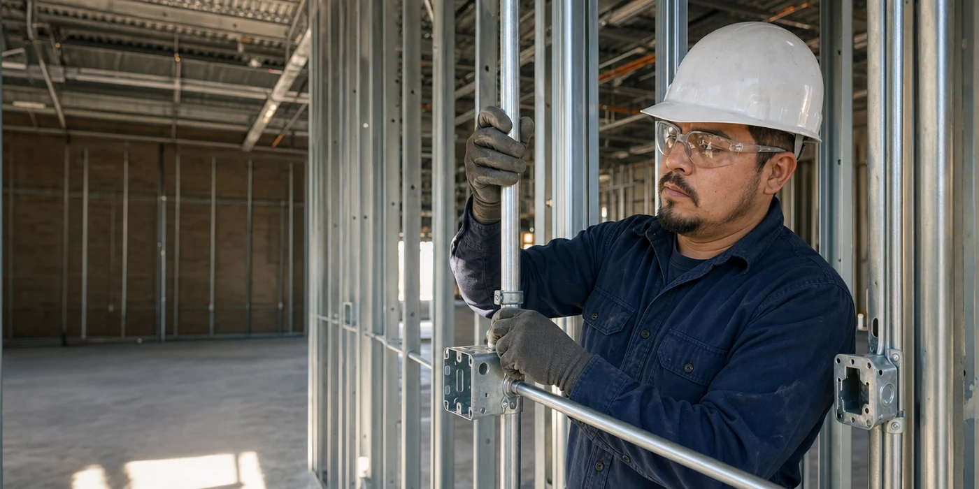 Electrician installing conduit along exposed studs in a Las Vegas commercial tenant space
