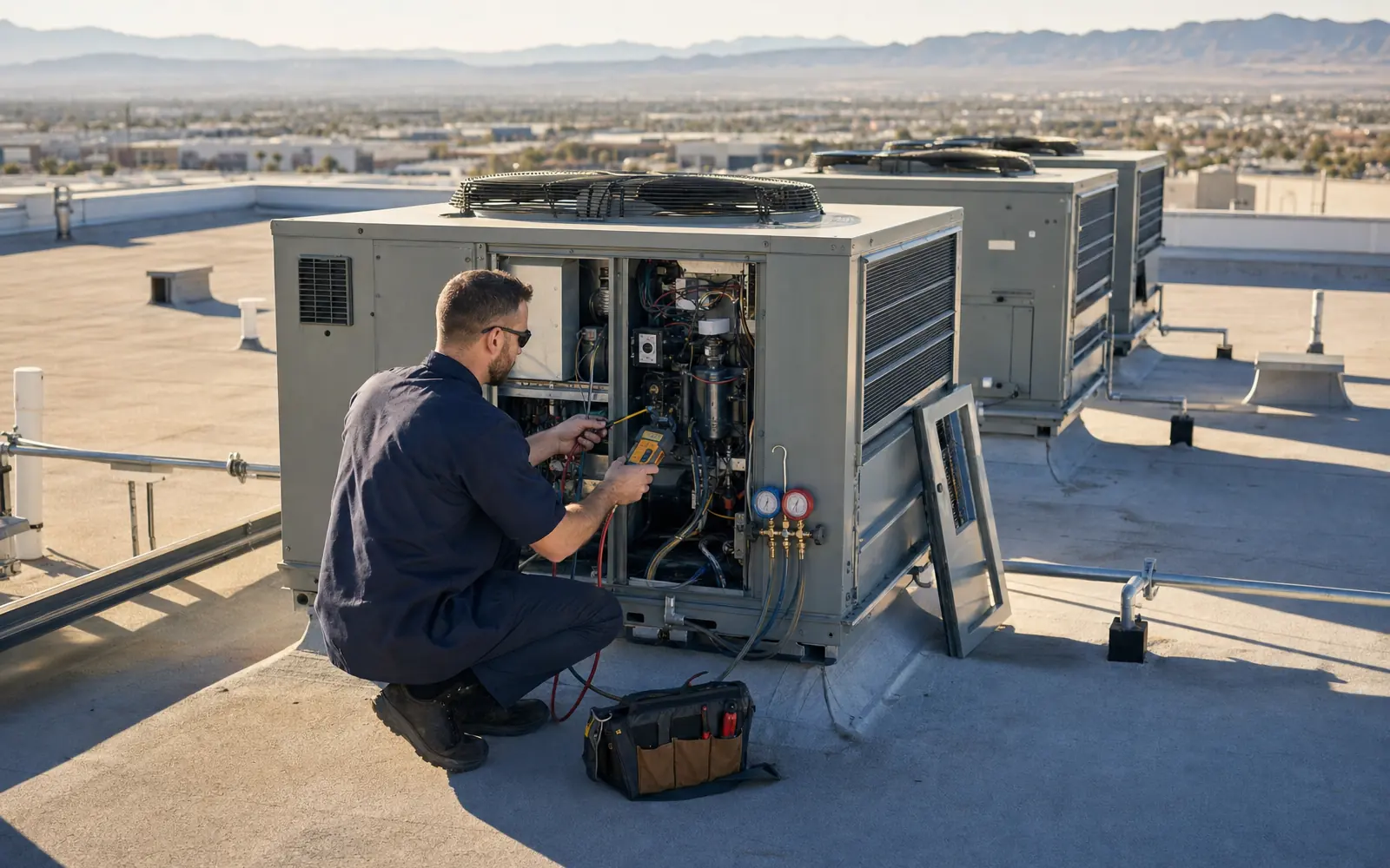 Technician inspecting commercial rooftop HVAC equipment above Las Vegas