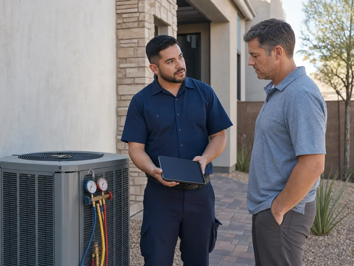 Technician discussing heating and cooling work with a property owner