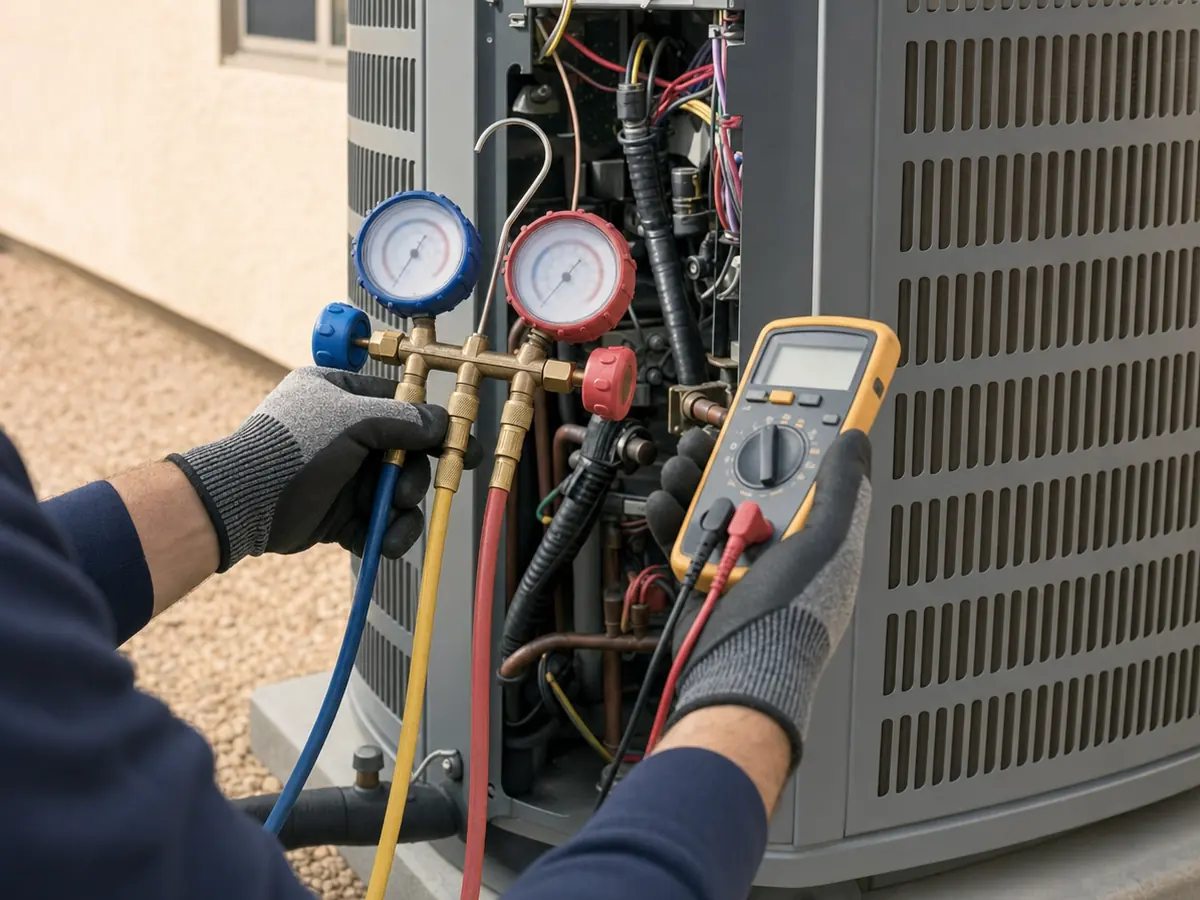 Technician checking outdoor equipment with gauges and a meter