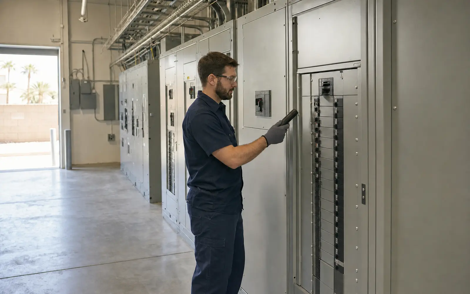 Electrician inspecting a commercial electrical room in Las Vegas