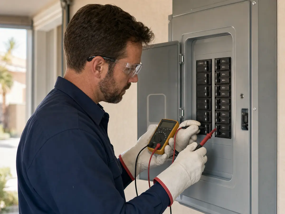 Electrician using a meter to troubleshoot a residential electrical panel