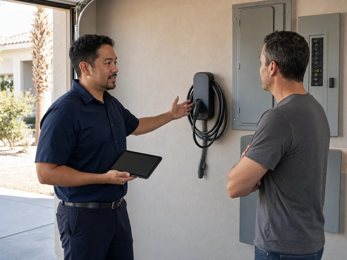 Electrician discussing a residential EV charger project with a homeowner