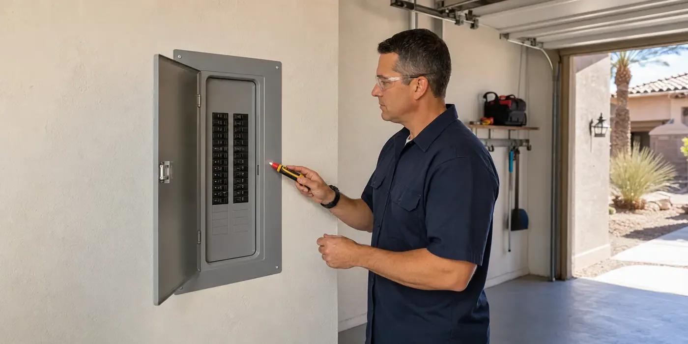 Electrician inspecting a residential electrical panel in a Las Vegas garage