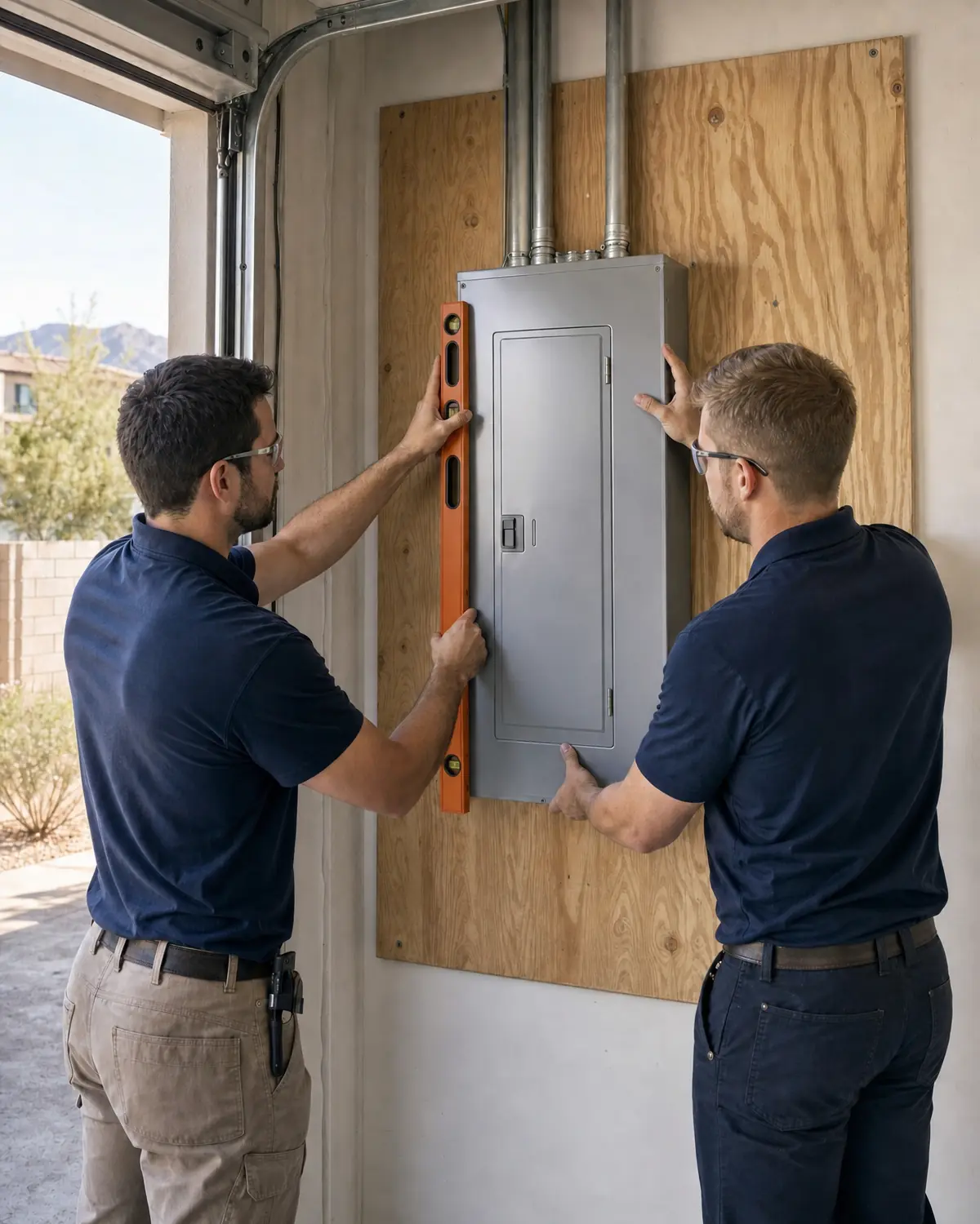 Two electricians installing a residential electrical panel in a Las Vegas home