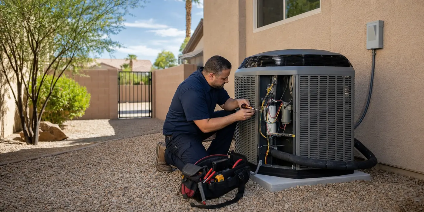 Technician servicing a home air conditioning condenser in Las Vegas