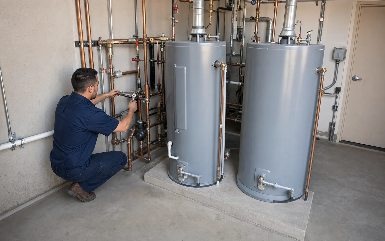 Plumber servicing commercial water heaters in a mechanical room
