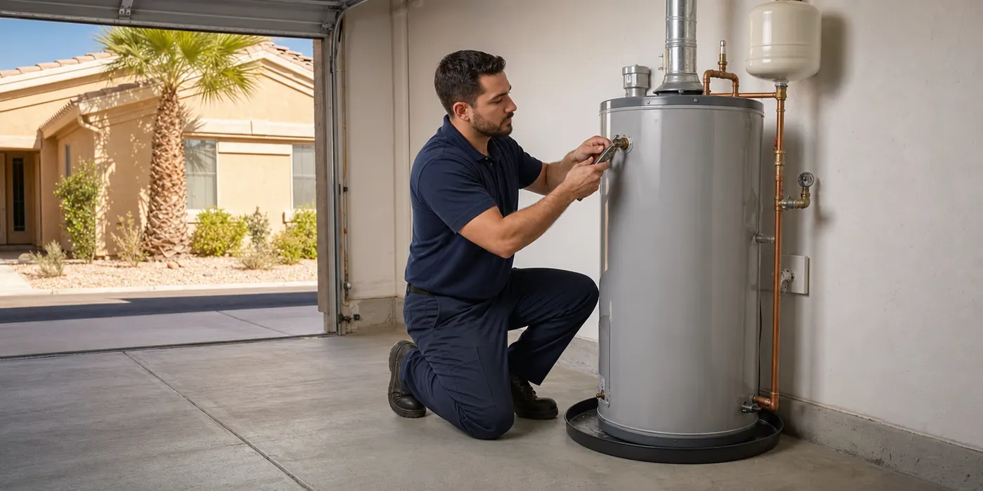 Plumber finishing a residential tank water heater installation in a Las Vegas garage