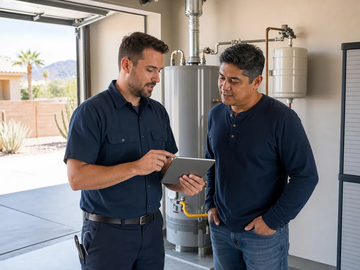 Plumber discussing a water heater project with a Las Vegas homeowner