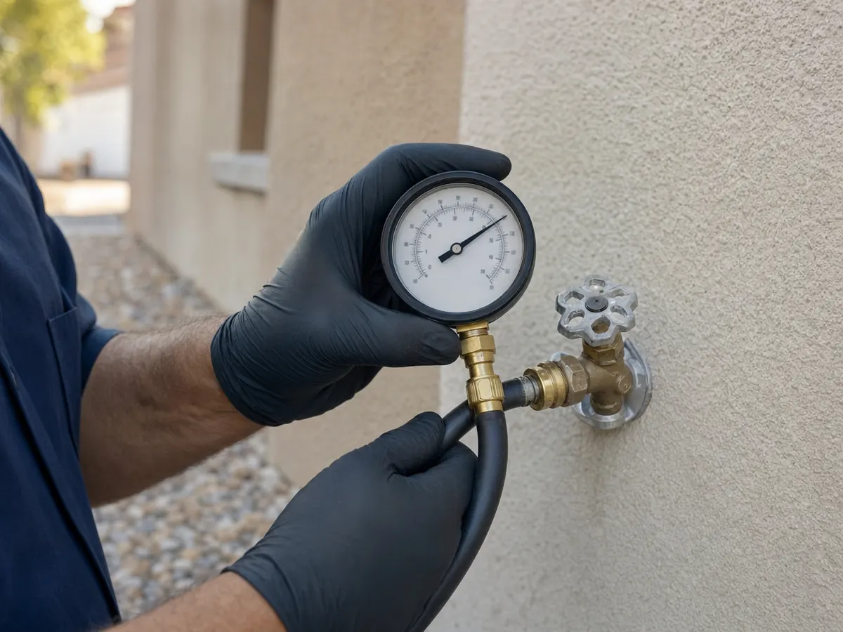 Plumber checking a water line connection with a gauge