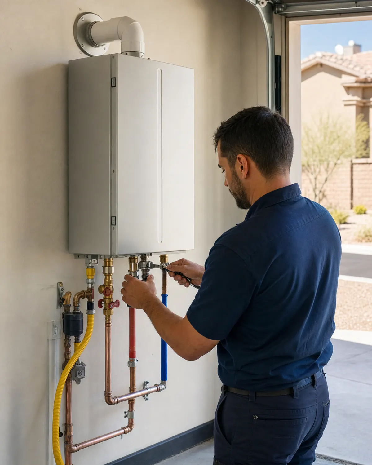 Plumber servicing a wall-mounted tankless water heater at a Las Vegas home
