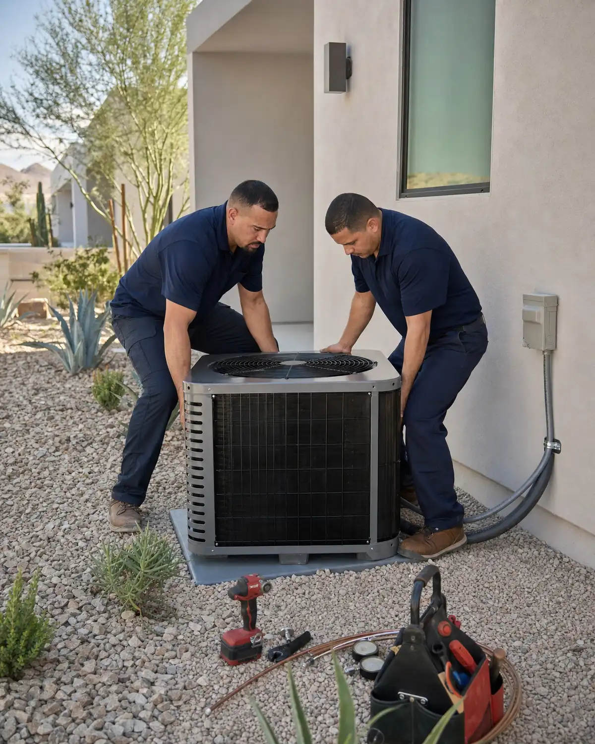 Two technicians positioning a new outdoor heating and cooling unit at a Las Vegas home