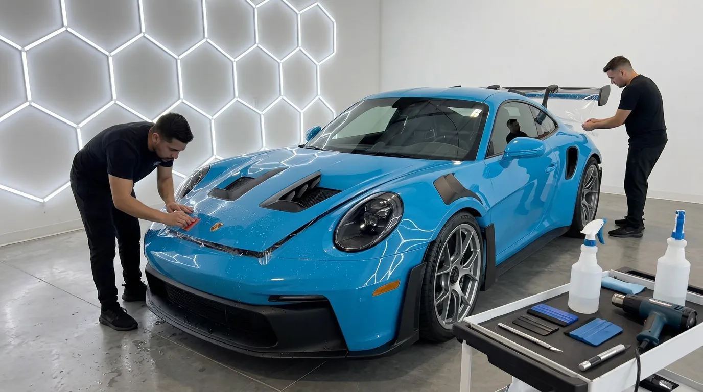 Technicians Applying Paint Protection Film To A Sports Car At Vip Wraps Tint &Amp; Detail
