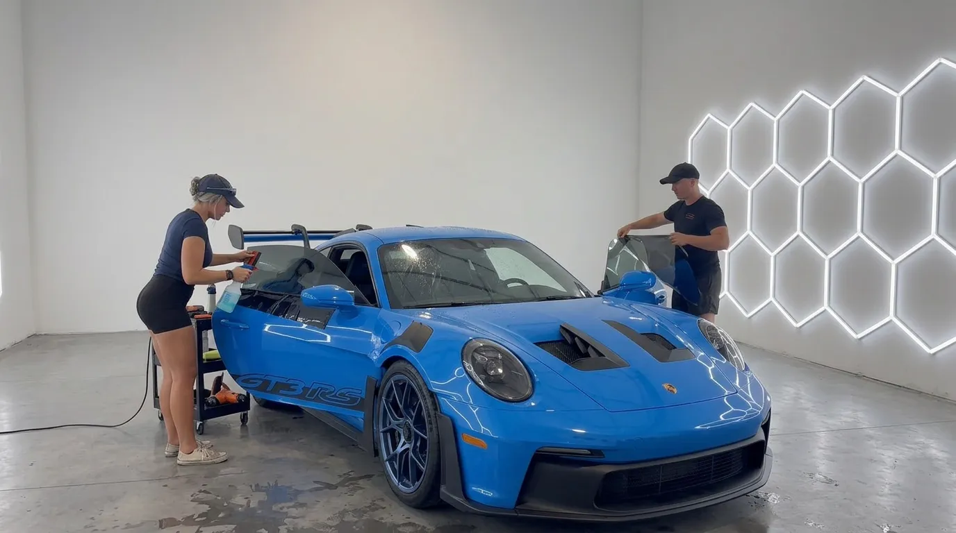 Two Technicians Installing Window Film On A Sports Car In The Vip Wraps Tint &Amp; Detail Shop