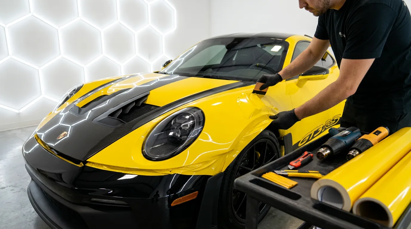 Sports Car Being Wrapped In Automotive Vinyl At Vip Wraps Tint &Amp; Detail In St. George, Ut